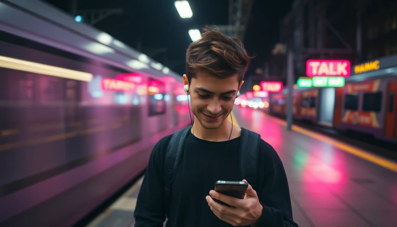 Creator wearing wireless earbuds on a train platform at night reviewing a silent AI video clip before adding a voiceover
