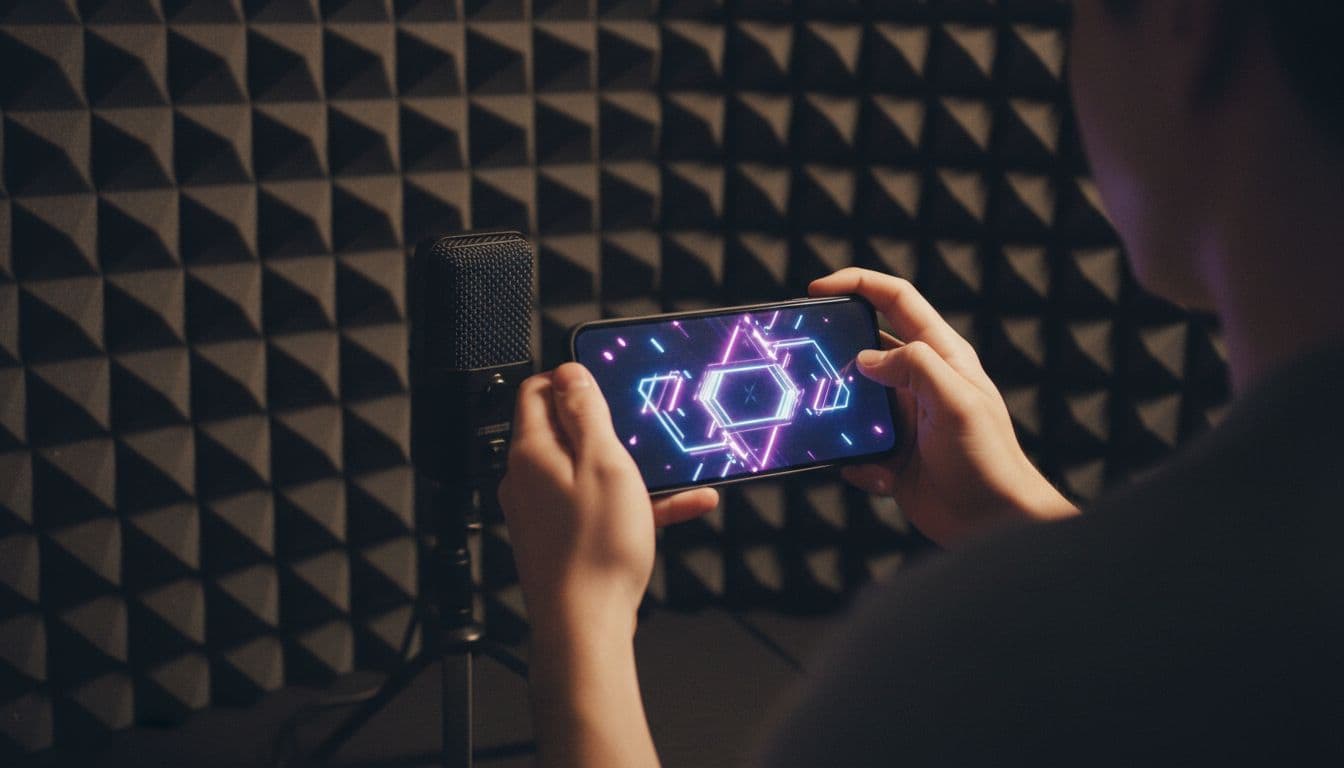 Close-up of hands holding a smartphone in a quiet recording booth while testing an AI video generator with audio prompt