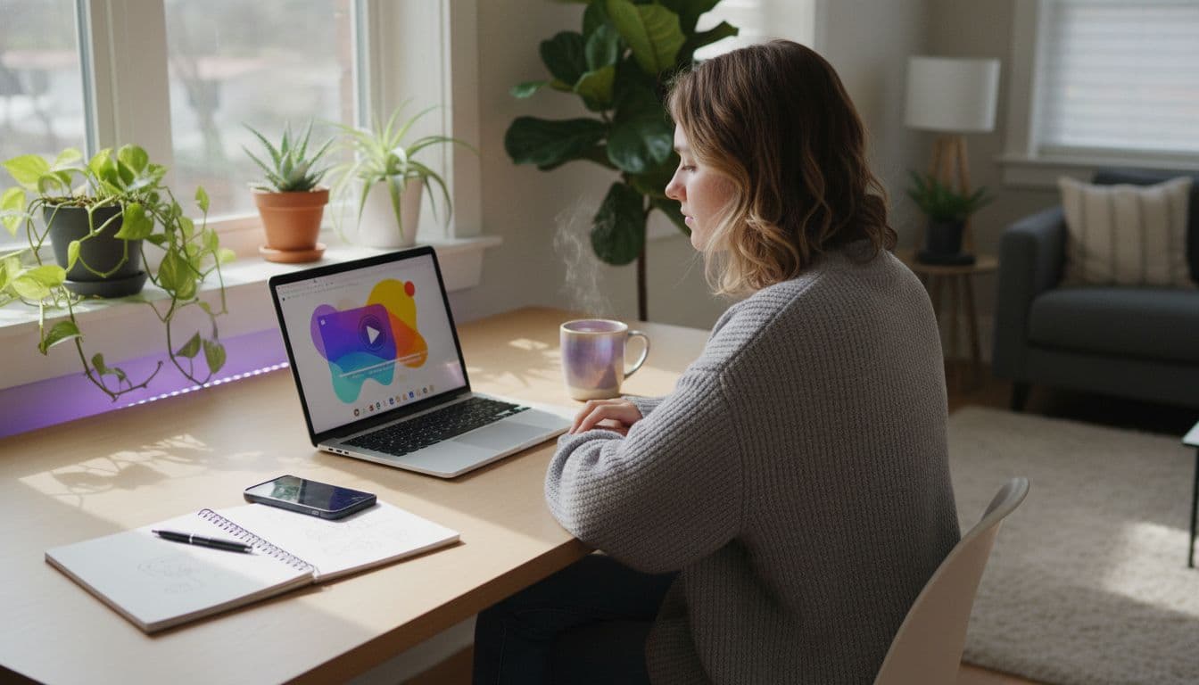 Créateur comparant les résultats de plusieurs modèles de génération vidéo IA côte à côte sur un ordinateur portable et un téléphone à un bureau ensoleillé