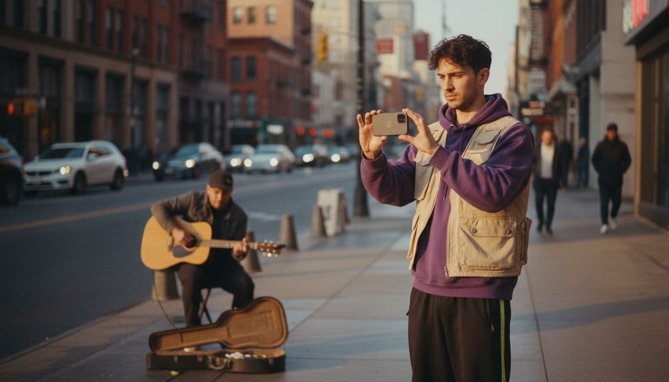 Réalisateur tenant un smartphone pour cadrer un plan en extérieur en comparant des prompts de mouvement de caméra pour un modèle de génération vidéo IA