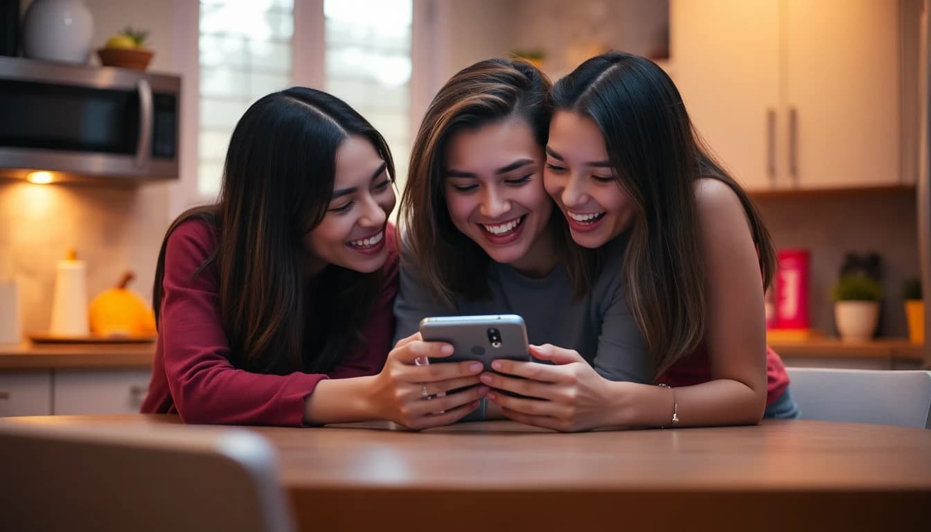 Deux amis regardant un clip terminé d'un modèle de génération vidéo IA sur un téléphone à une table de cuisine
