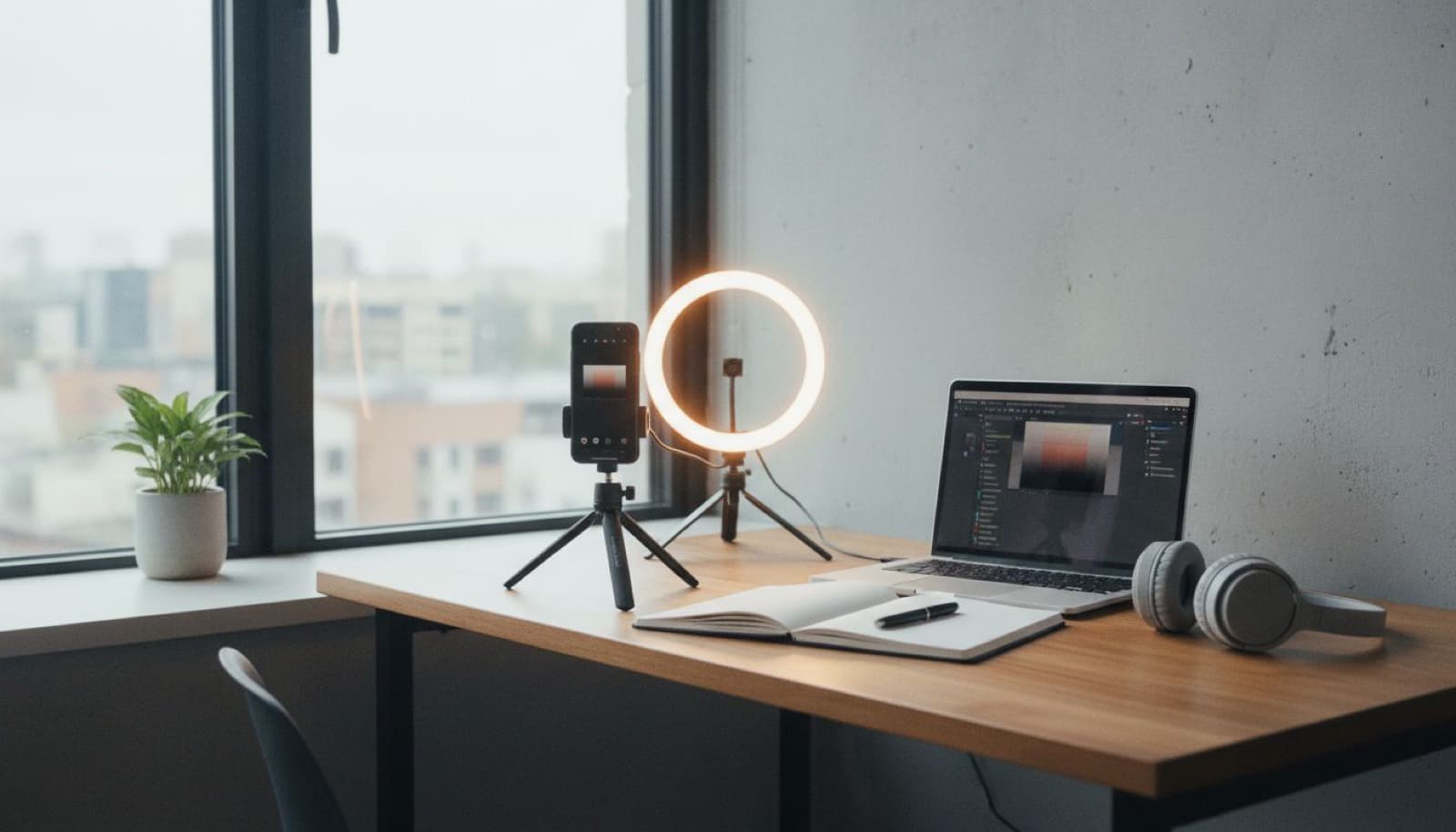 Minimal content creator desk with a smartphone on a tripod, ring light and laptop by a window, the kind of setup used with a free AI video maker app
