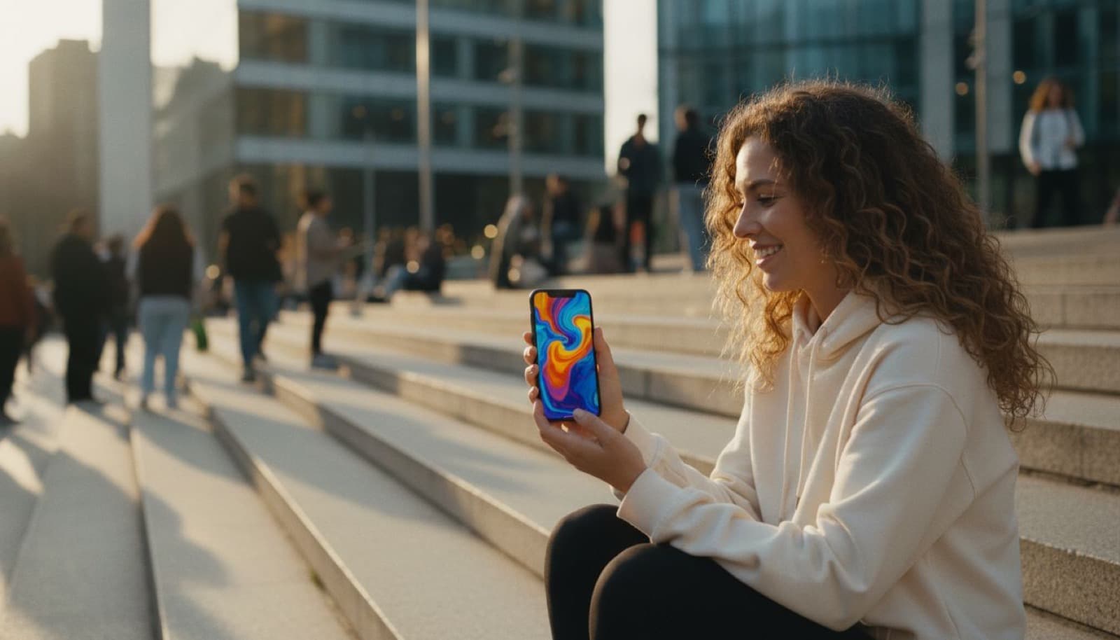 Young creator on a rooftop at golden hour watching an AI-generated video on a smartphone made with a free AI video generator app