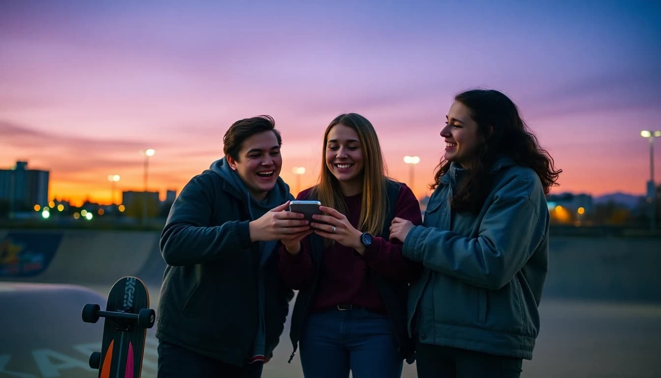 Three friends at a skatepark at dusk laughing while watching an AI-generated video on a phone, the typical Gen Z audience for a free AI video generator app