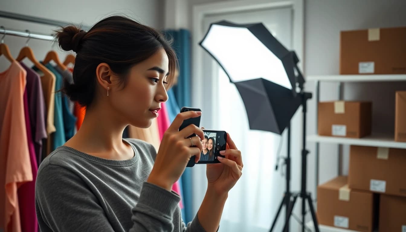 Small clothing brand owner filming a product video with a smartphone in a home studio, a use case for free image-to-video AI generation