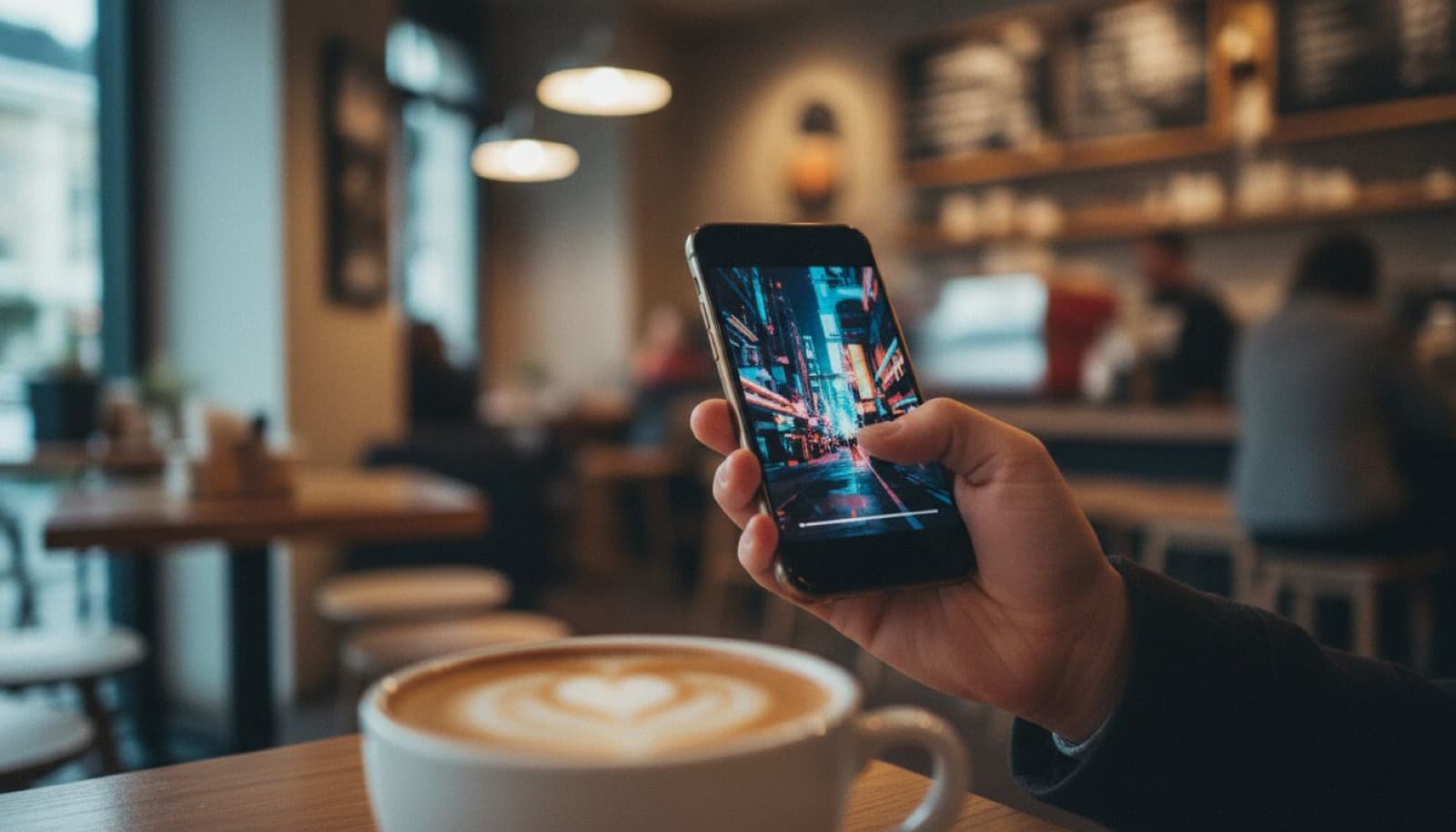 Person typing a text prompt into a free AI video generator app on a smartphone in a café, with a neon city video clip rendering on screen