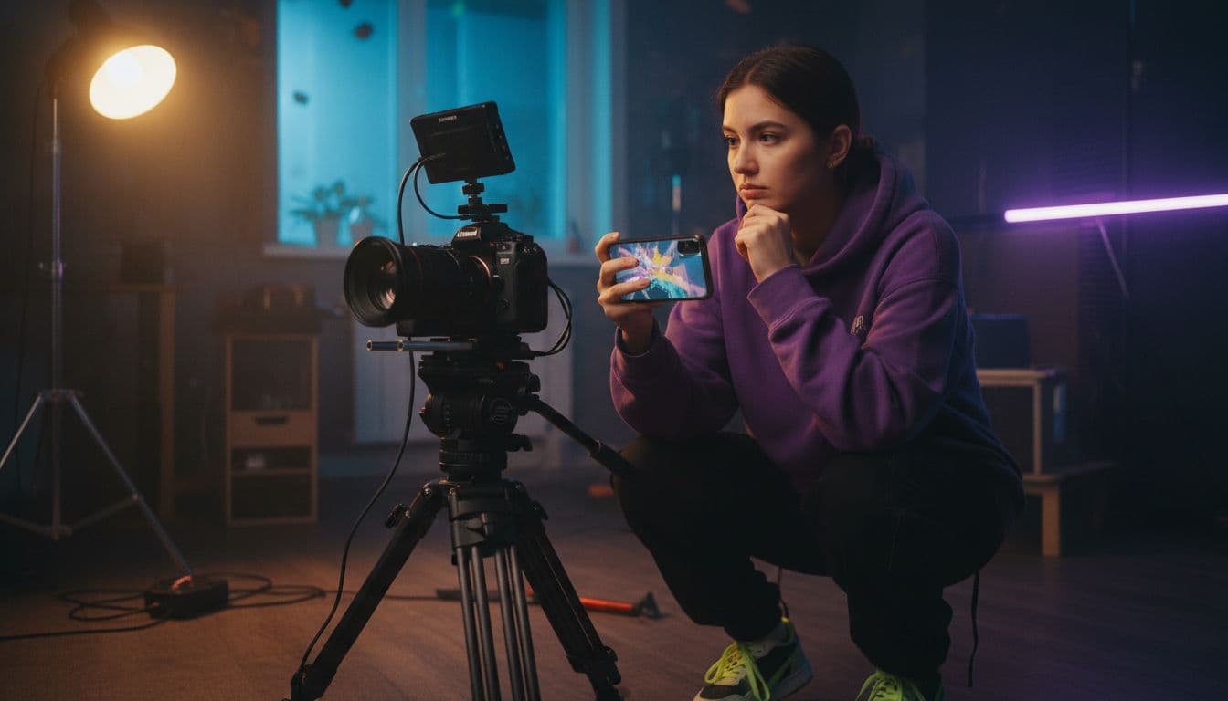 Cineasta revisando un video IA cinematográfico en el móvil junto a una cámara en un set oscuro