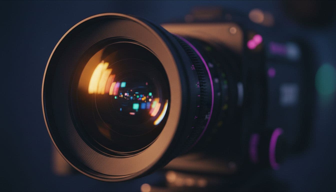 Primer plano de la lente de una cámara de cine bajo luz cálida, referencia de lente para video IA cinematográfico