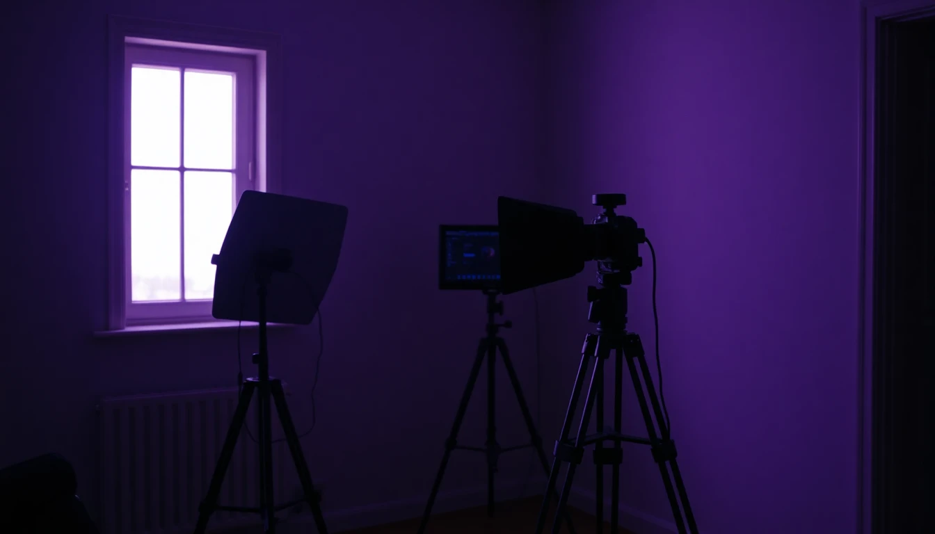 Pequeño set de rodaje con luz suave de ventana y monitor, el look detrás del video IA cinematográfico