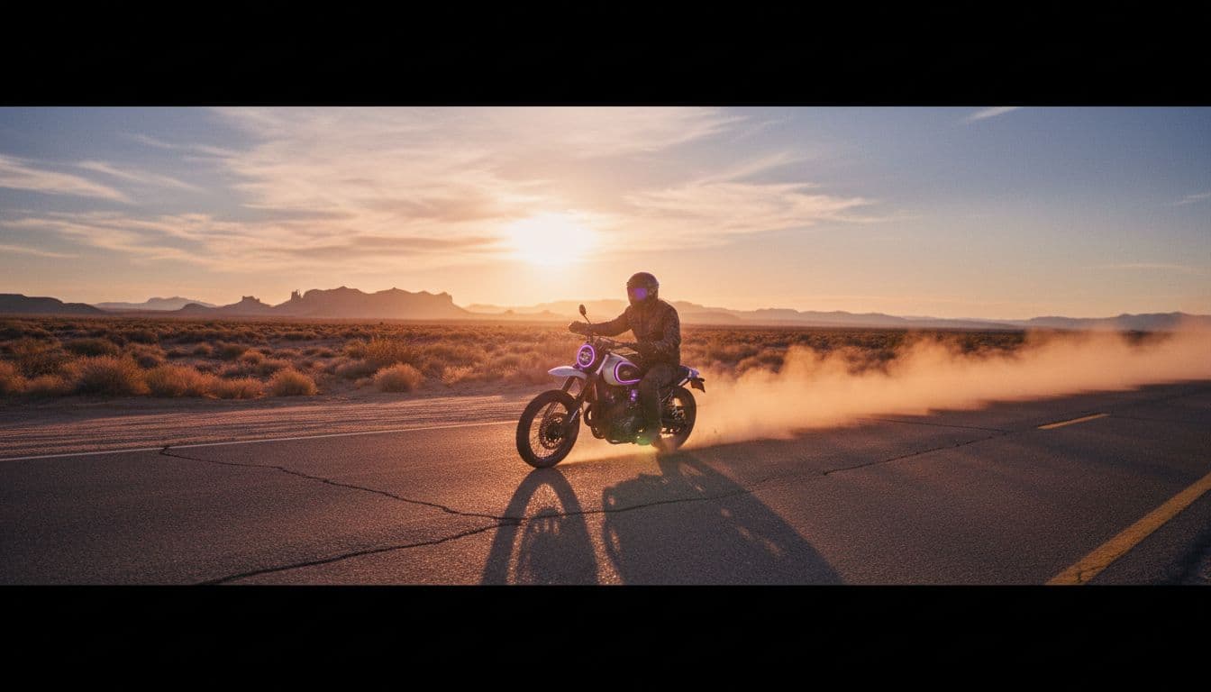 Motorista en una carretera del desierto en la hora dorada, un plano de video IA cinematográfico que se puede pedir por prompt