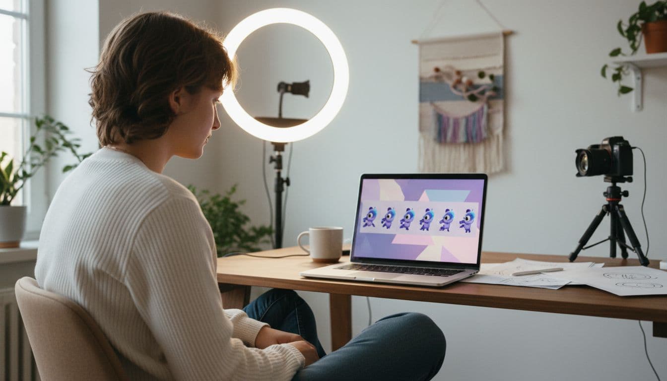 Criador comparando vários quadros do mesmo personagem animado em um notebook, um fluxo de personagem consistente em vídeo de IA
