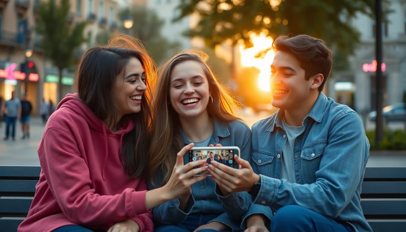 Amigos rindo juntos enquanto assistem no celular a uma história animada curta com um personagem recorrente