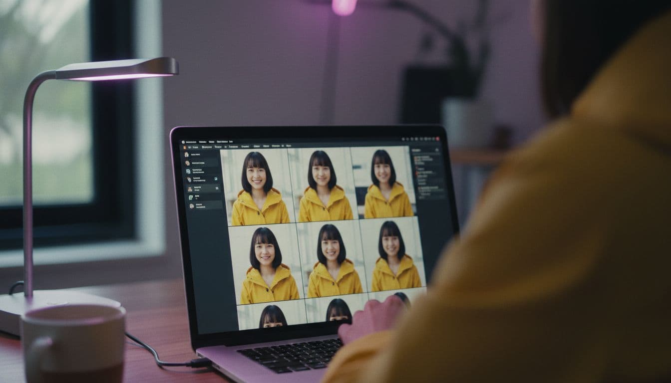 Close da tela de um notebook mostrando uma grade de quadros em que o mesmo personagem mantém o mesmo rosto e a mesma roupa, personagem consistente em vídeo de IA