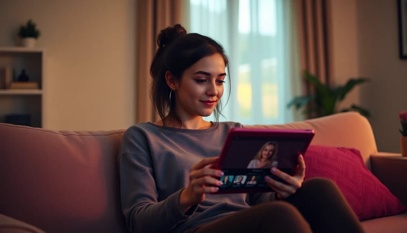 Jovem criadora revisando lado a lado, em um tablet, vários clipes curtos do mesmo personagem