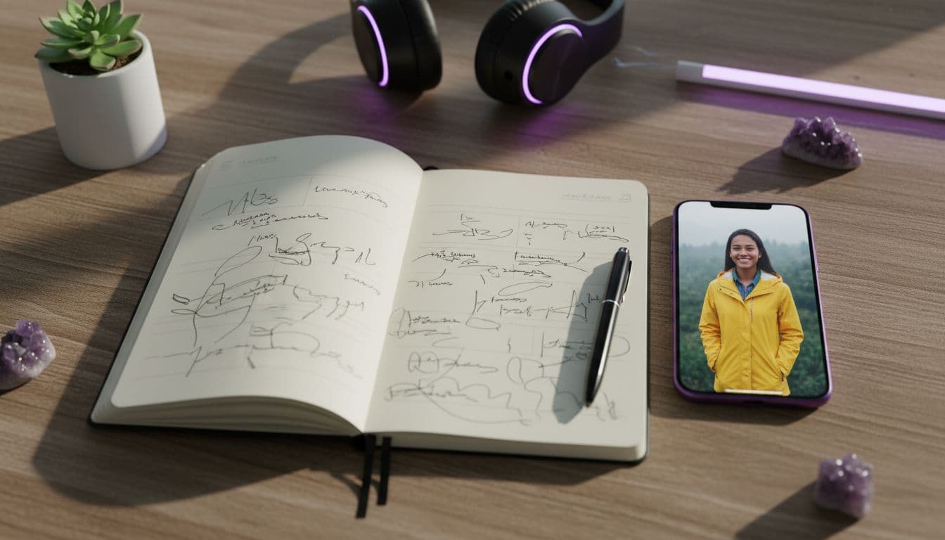 Caderno sobre uma mesa com a descrição do personagem escrita à mão, ao lado de um celular mostrando um retrato de referência