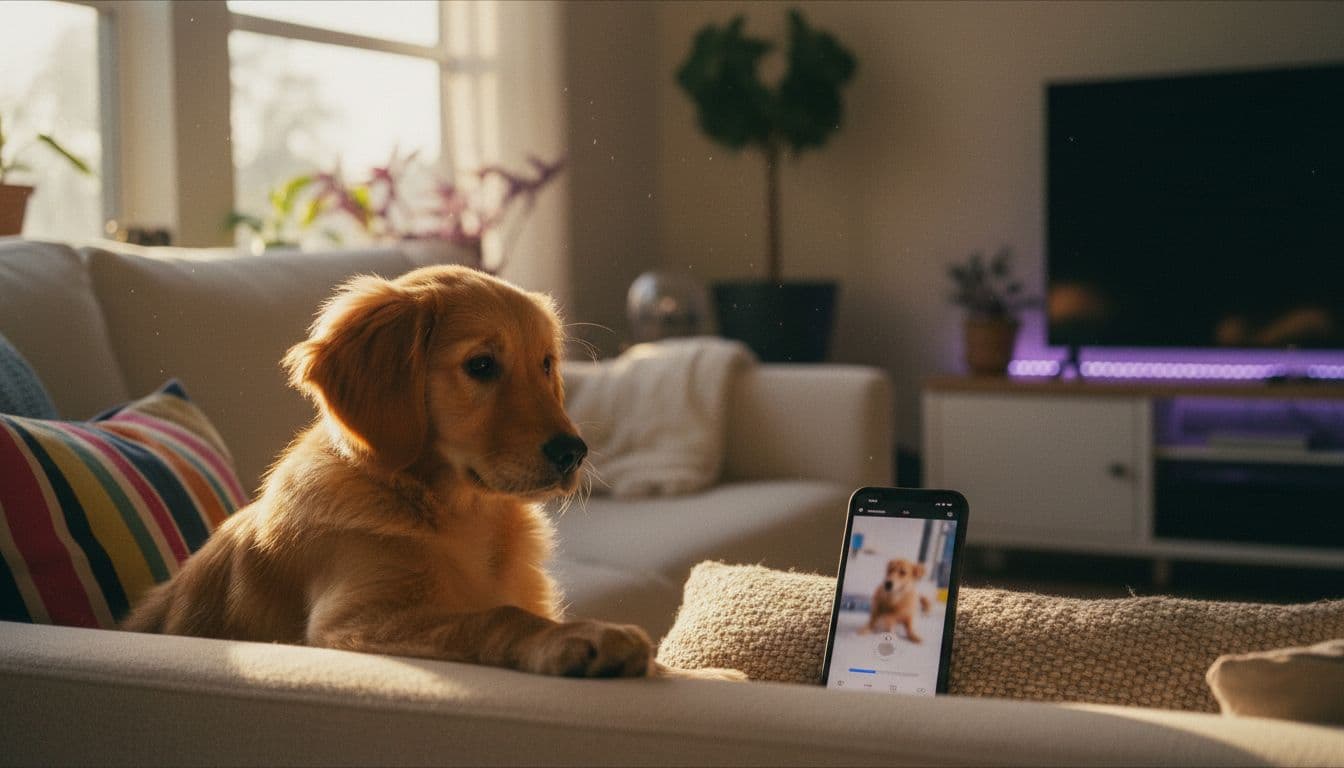 cachorro de golden retriever sentado junto a un smartphone que muestra un video IA de perro generándose, luz cálida de ventana