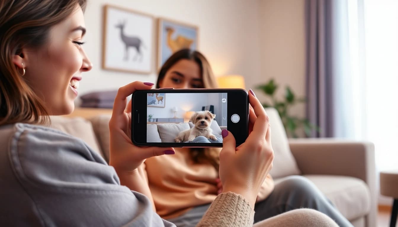 persona sonriente grabando un breve clip de video de mascota con el teléfono en una sala de estar luminosa