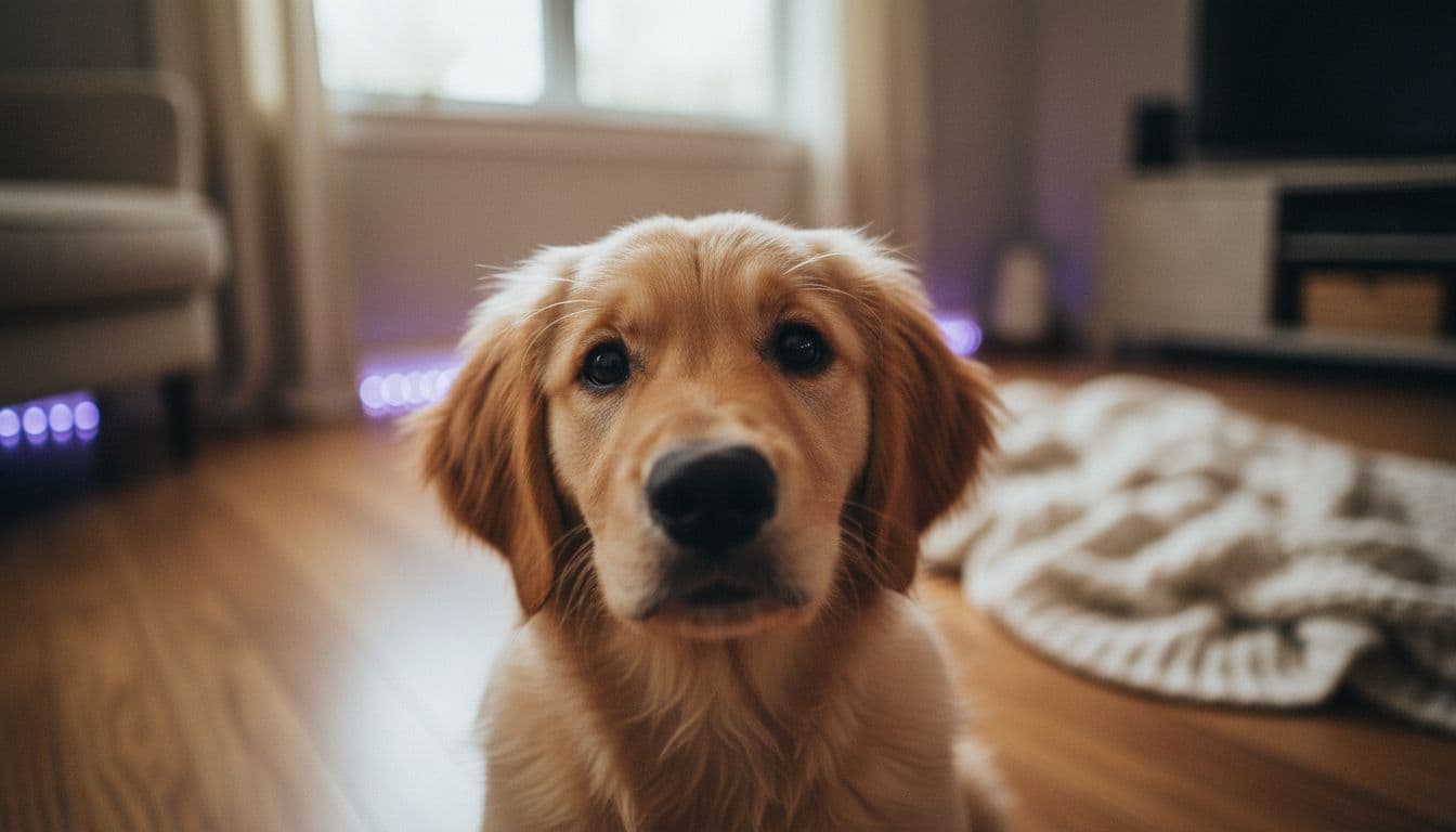 primer plano de un cachorro de golden retriever mirando a la cámara con luz natural suave