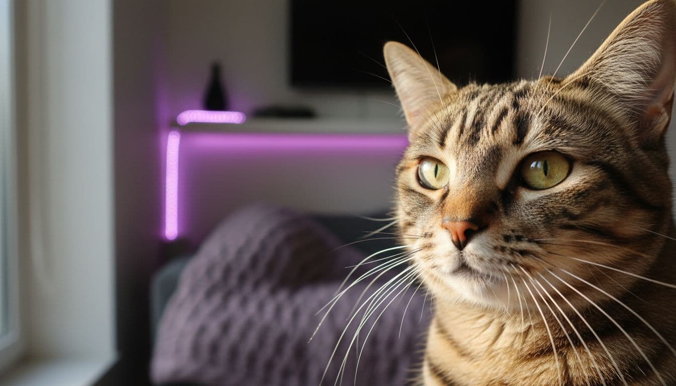 primer plano del rostro de un gato atigrado con luz de día suave, enfoque nítido en los ojos y los bigotes