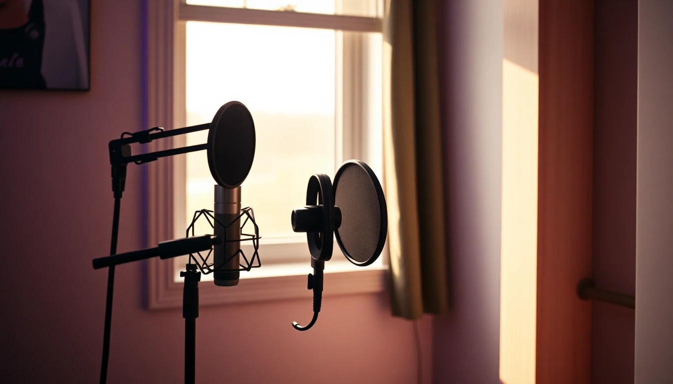Heimstudio mit Kondensatormikrofon, Popschutz und Laptop mit Audio-Wellenform, Aufnahme der Erzählung für einen Faceless YouTube Kanal mit KI Video