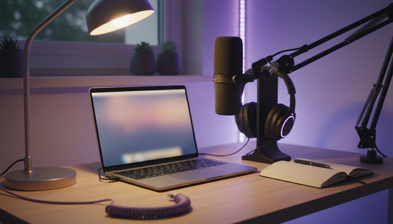 Laptop auf einem aufgeräumten Schreibtisch mit Timeline aus kurzen Querformat-Clips neben einem Mikrofon, Schnitt für einen Faceless YouTube Kanal mit KI Video