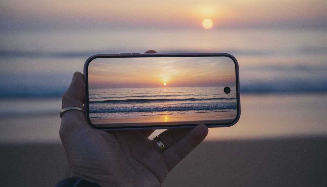 Nahaufnahme einer Hand mit Smartphone, die einen Sonnenaufgang an der Küste einrahmt, Planung von Material für einen Faceless YouTube Kanal mit KI Video