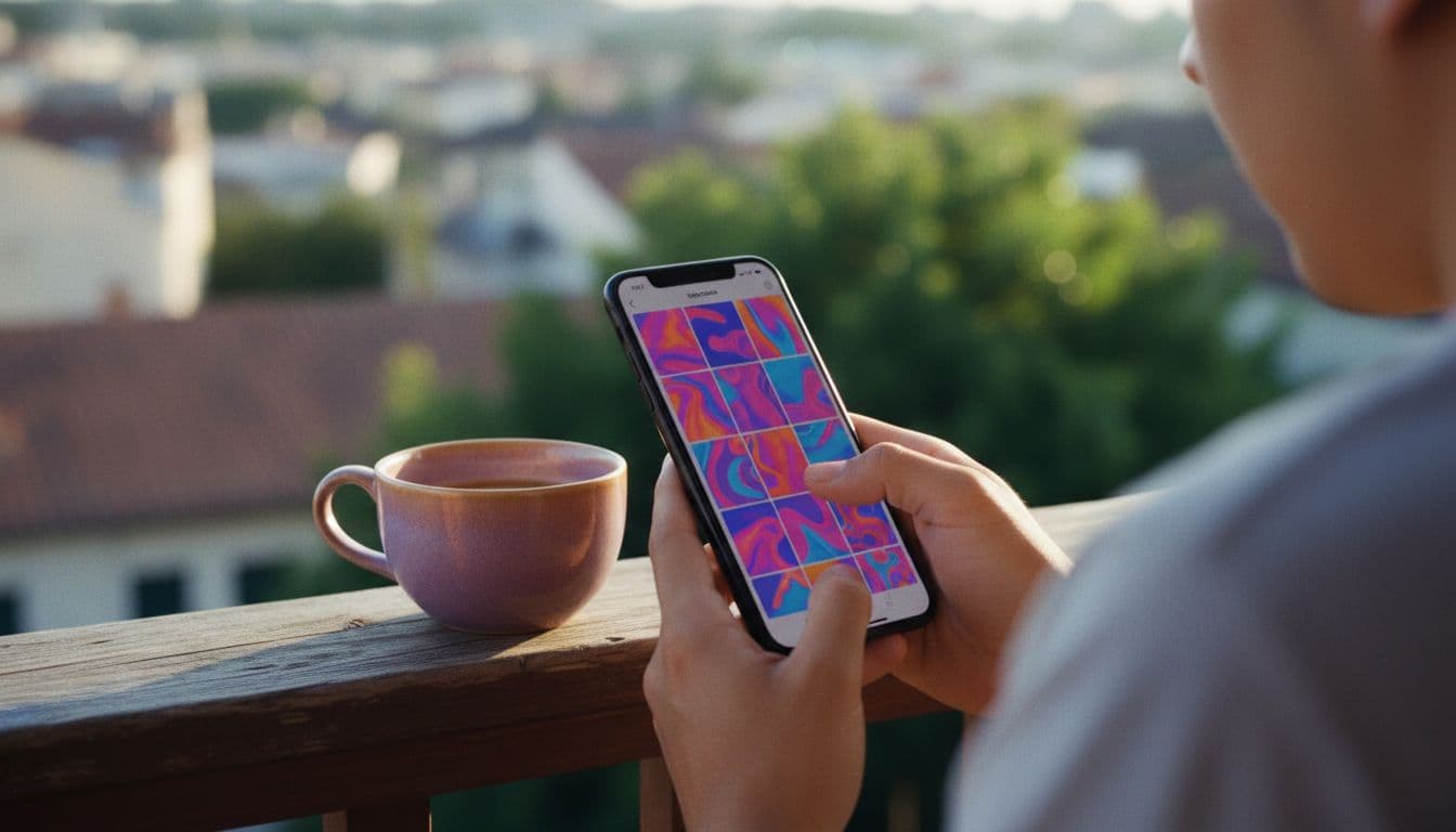 屋外でスマートフォンの無料AI動画生成アプリを確認する人