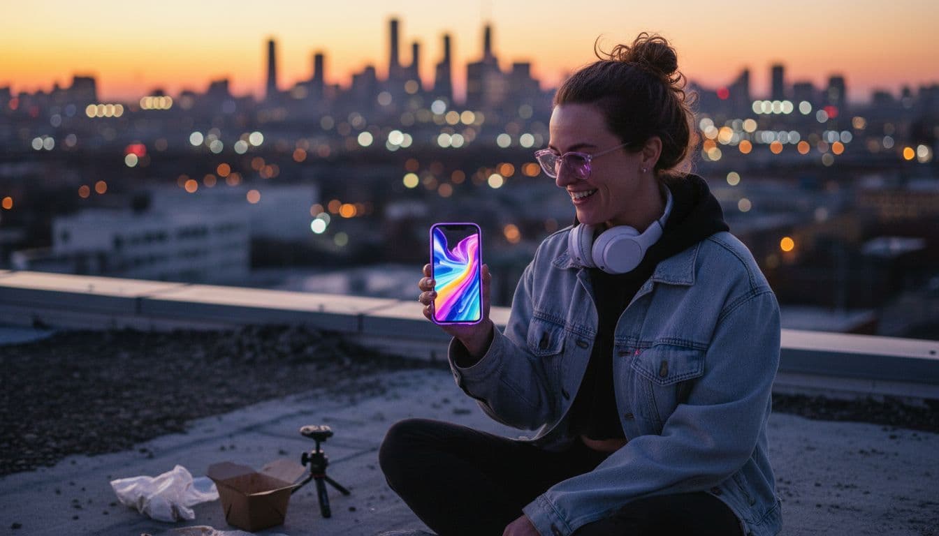 Creador revisando un clip en el smartphone, imagen del generador de video con IA de Google Veo 3.1 en la app VIBE