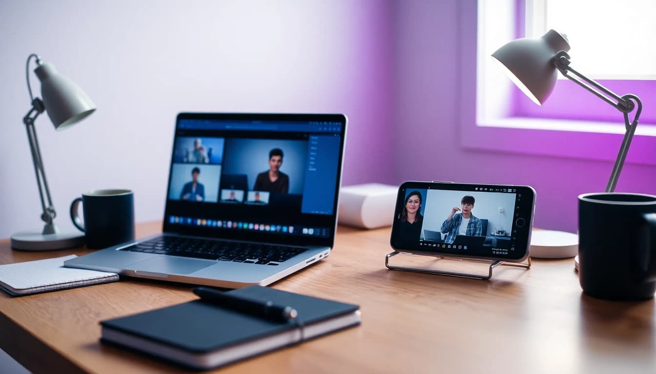Creador de contenido comparando varios clips de video cortos en un portátil y un móvil sobre el escritorio para elegir entre modelos de video con IA