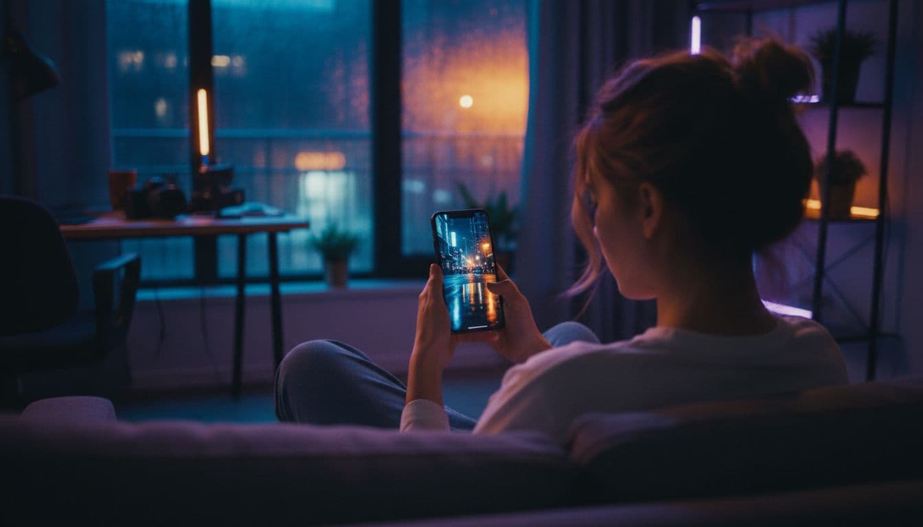 Cineasta revisando en el smartphone un clip cinematográfico de una calle de noche, resultado típico del generador de video con IA de Google Veo 3.1