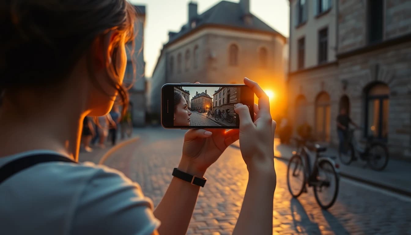 Joven creadora grabando una escena callejera con el smartphone a la hora dorada mientras planea un prompt para el generador de video con IA de Google