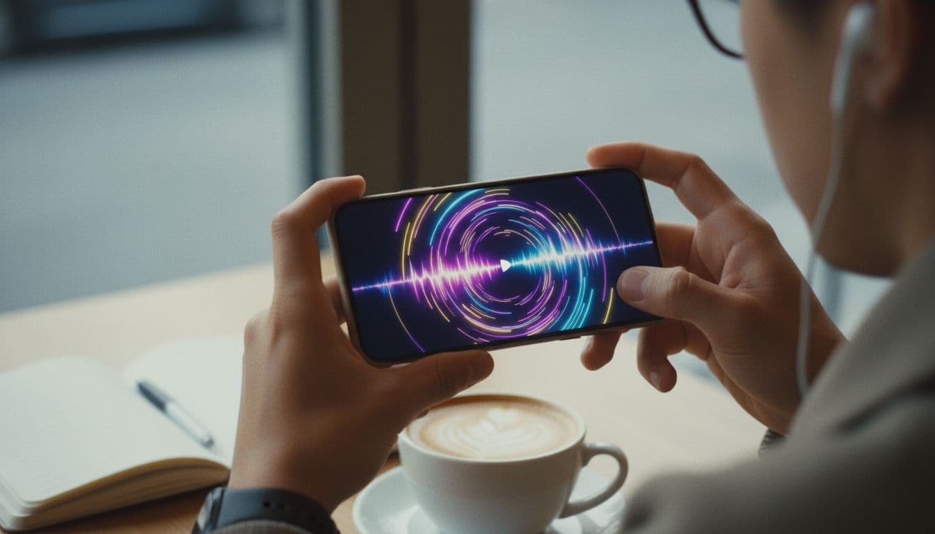 Primer plano de manos sosteniendo un smartphone mientras se previsualiza con sonido un clip de ocho segundos del generador de video con IA de Google