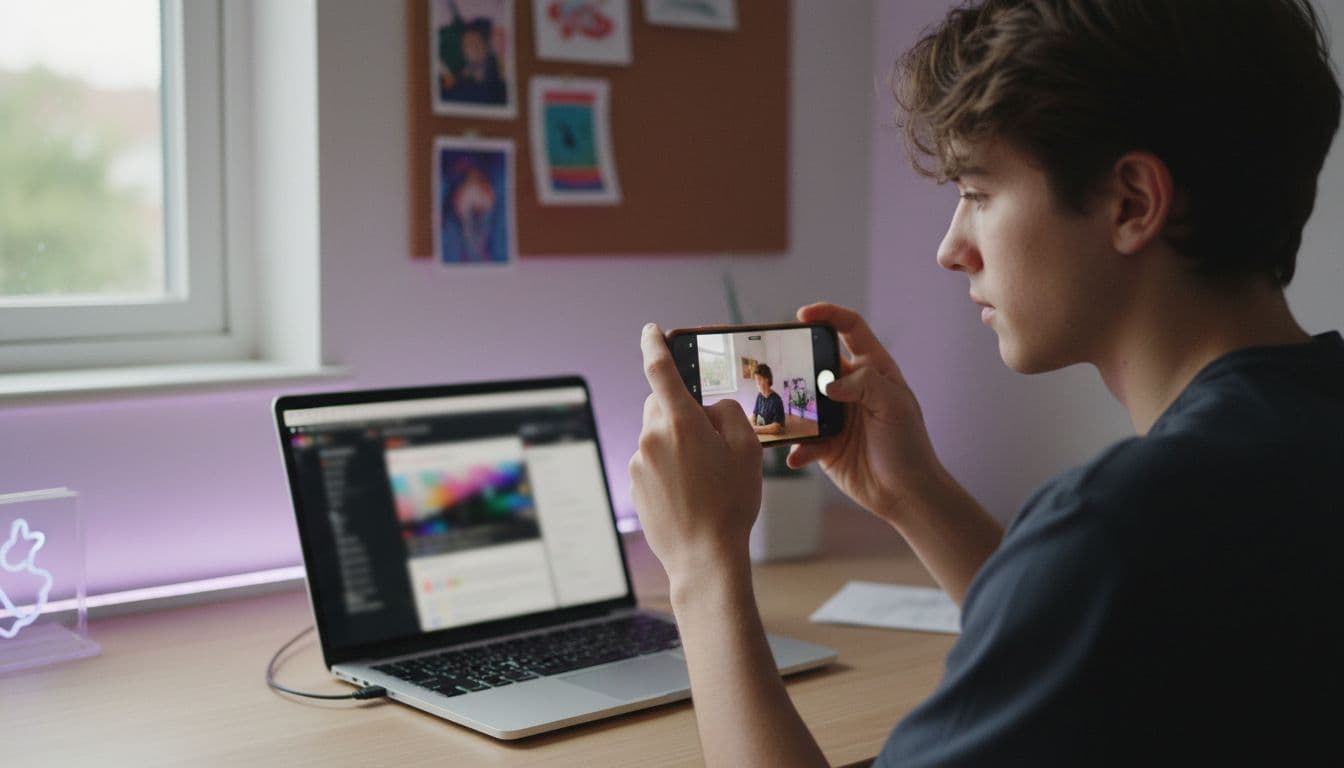 Maker vergelijkt clips van een Grok AI video generator en andere AI-videomodellen op een telefoon aan een bureau