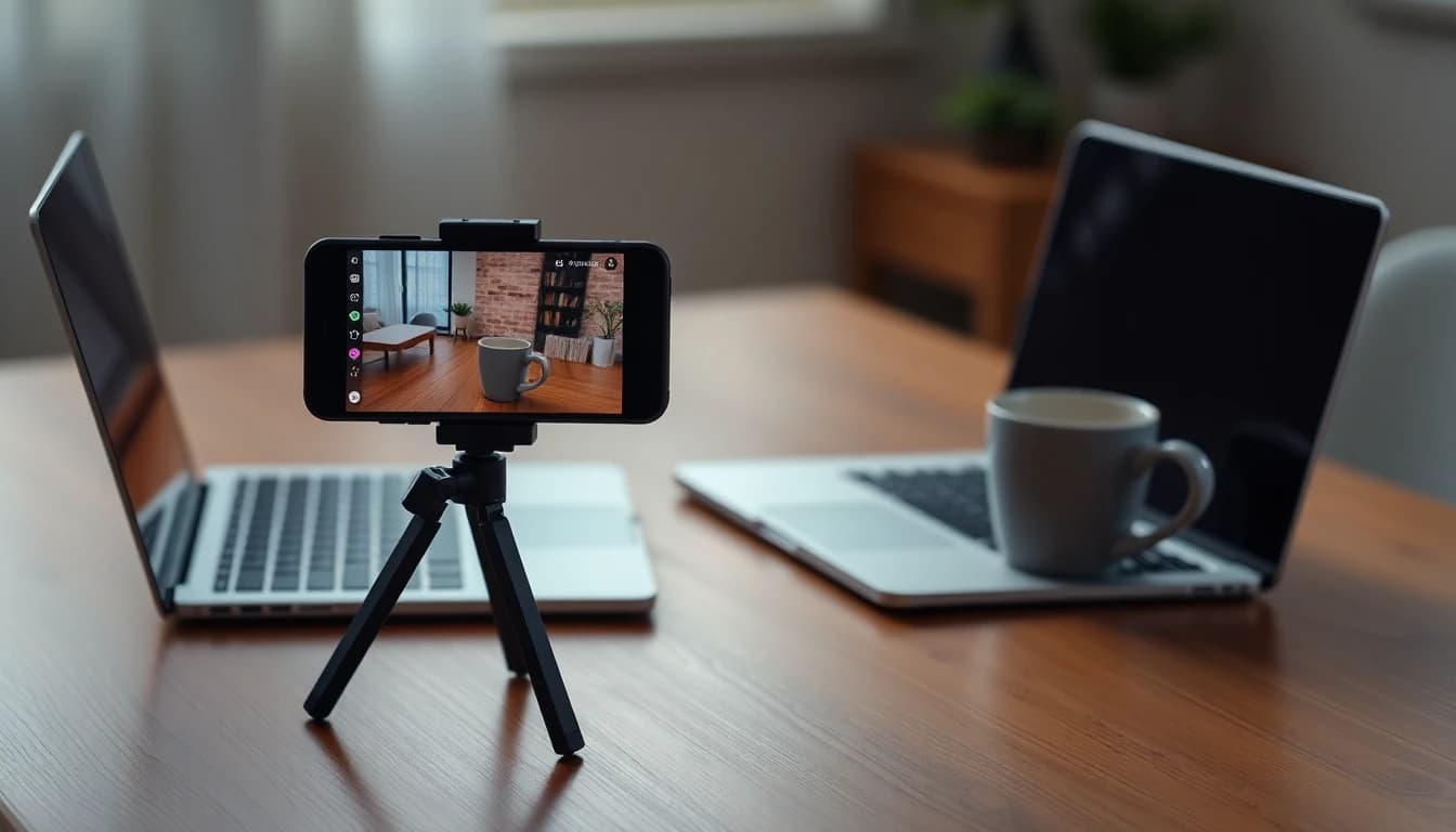 Telefoon op een statief die een kleine productshot filmt naast een laptop met AI-videoopties