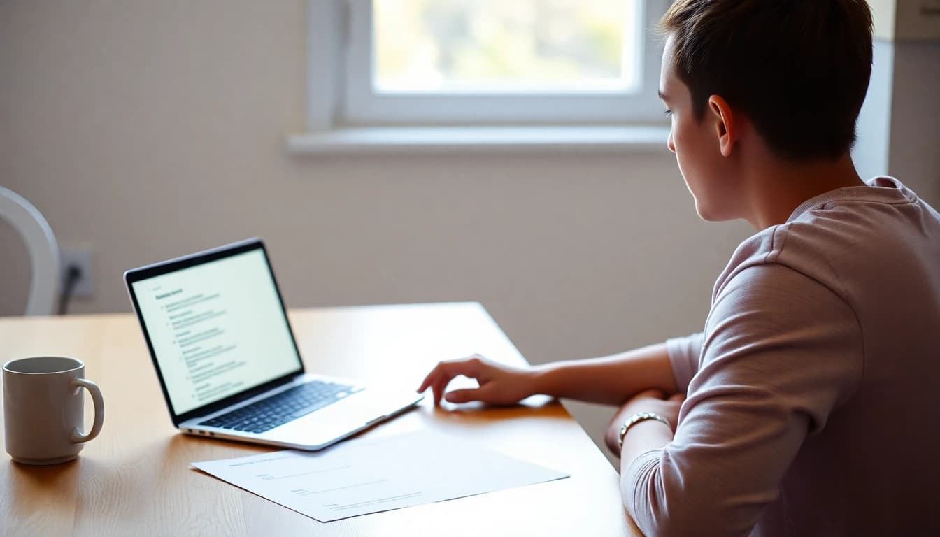 Maker aan een keukentafel bekijkt een checklist met beperkingen van AI-video naast een laptop