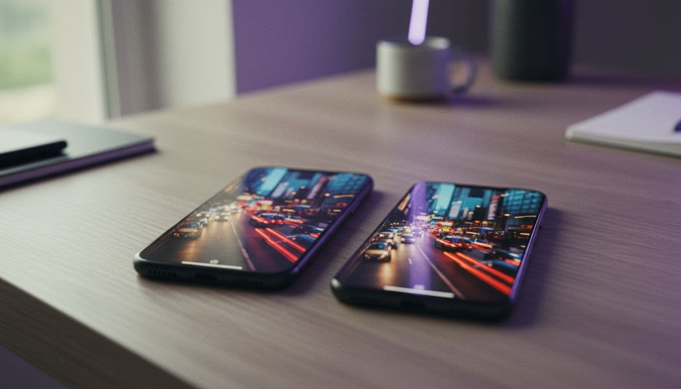Twee telefoons naast elkaar met verschillende AI-videoclips van dezelfde straatscène voor een modelvergelijking