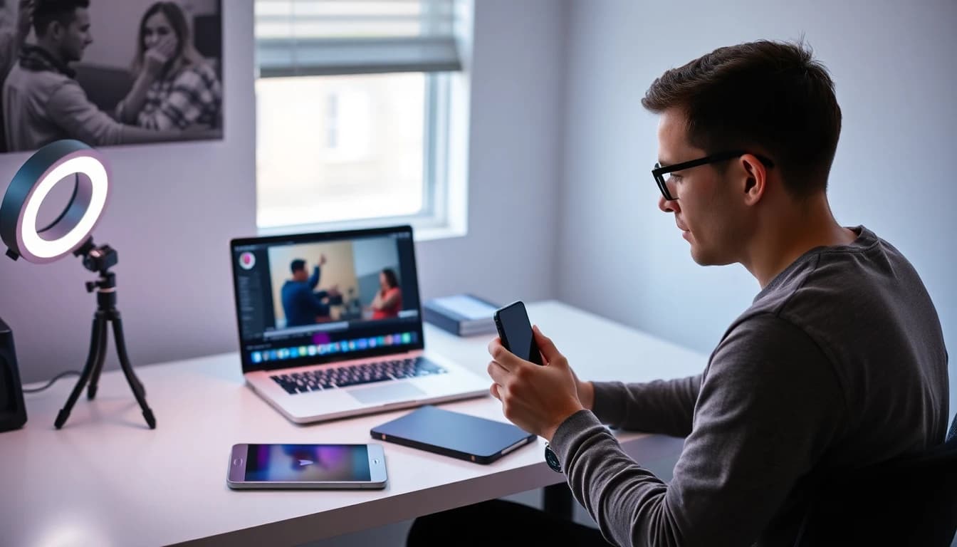 Filmmaker comparing several AI video model outputs on a laptop and phone at a desk
