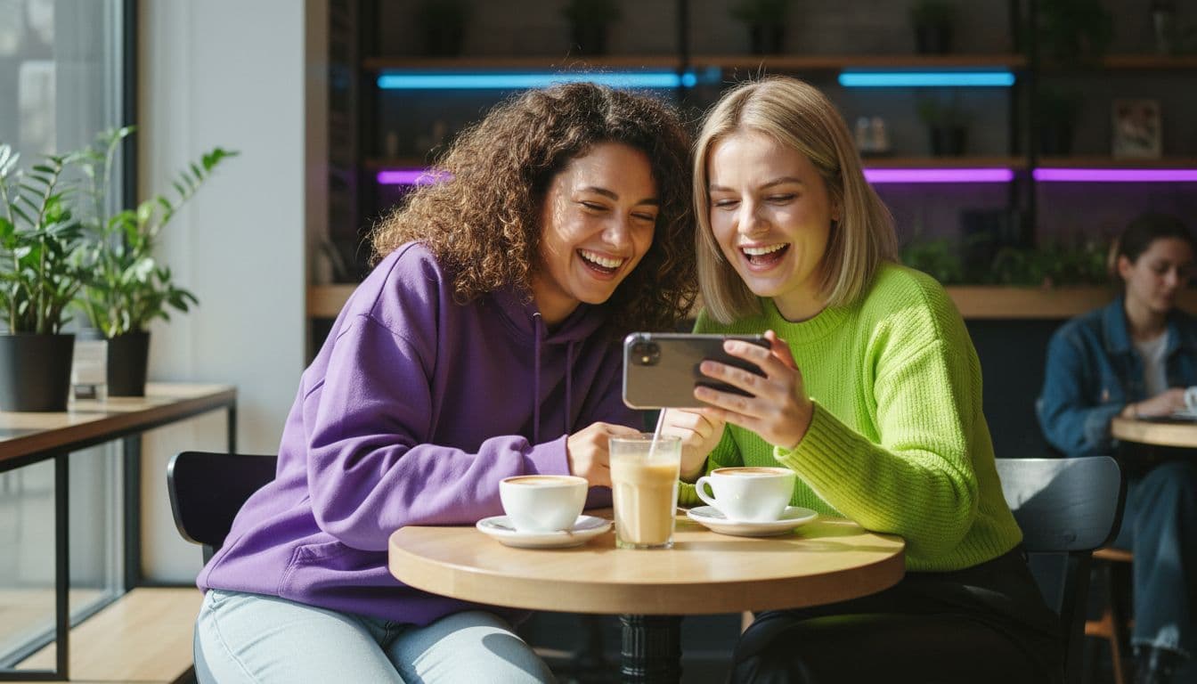 Two friends laughing while watching a short AI video with dialogue on a phone in a cafe