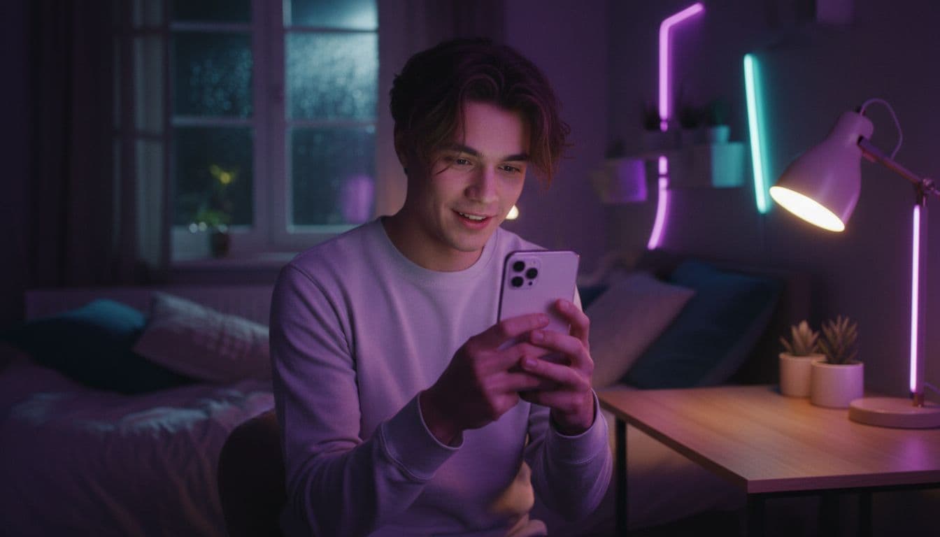 Un principiante aprendiendo cómo hacer un video con IA en su teléfono en un escritorio, pantalla iluminada en una habitación oscura