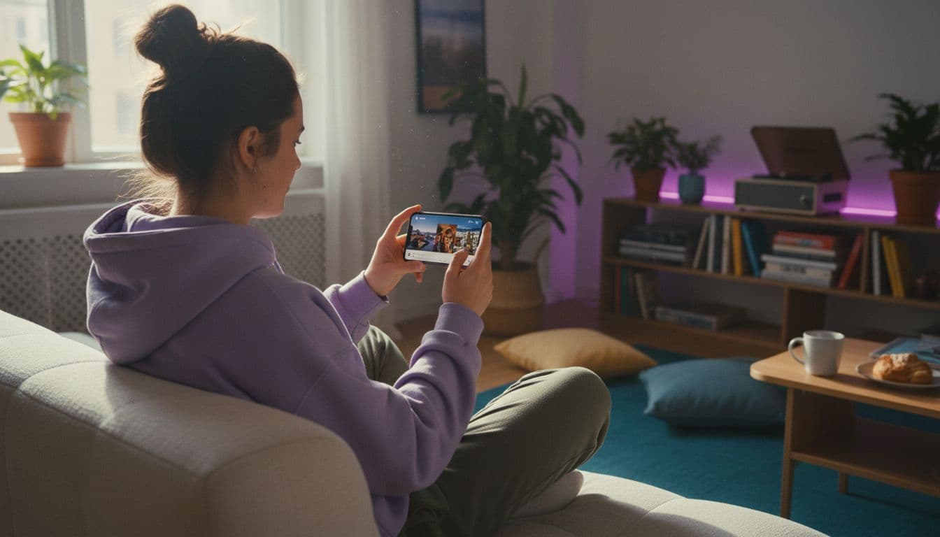 Una persona sosteniendo un teléfono con una app de generación de video, luz natural de ventana, ambiente hogareño relajado