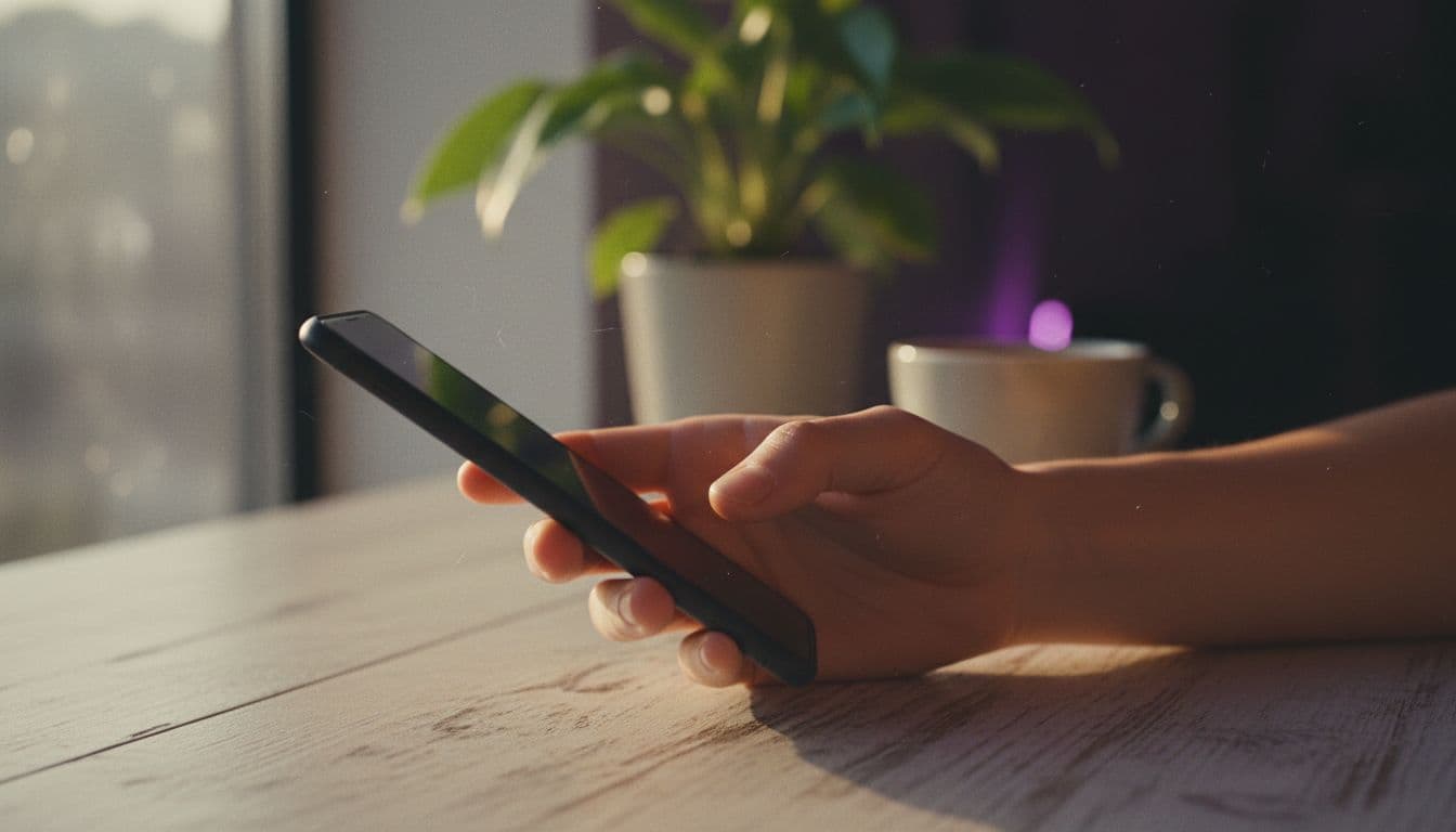 Primer plano de una mano escribiendo un prompt corto de video con IA en un smartphone, luz suave de ventana