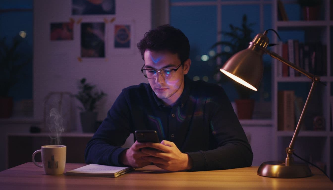 夜、机でスマートフォンにAI動画 プロンプトを入力するクリエイター、画面の光が顔を照らしている