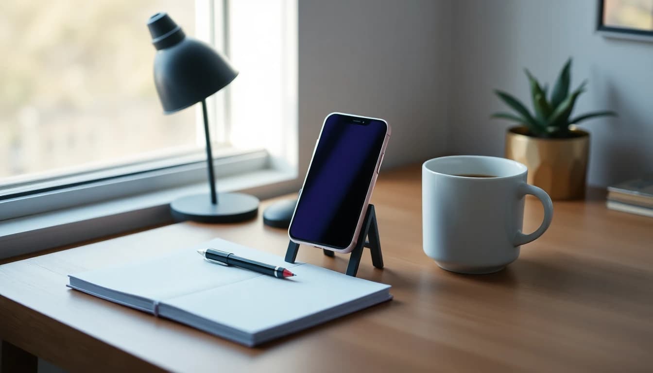 El escritorio de un creador con un teléfono en un pequeño soporte, un cuaderno en blanco, un bolígrafo y una taza de café con luz de mañana