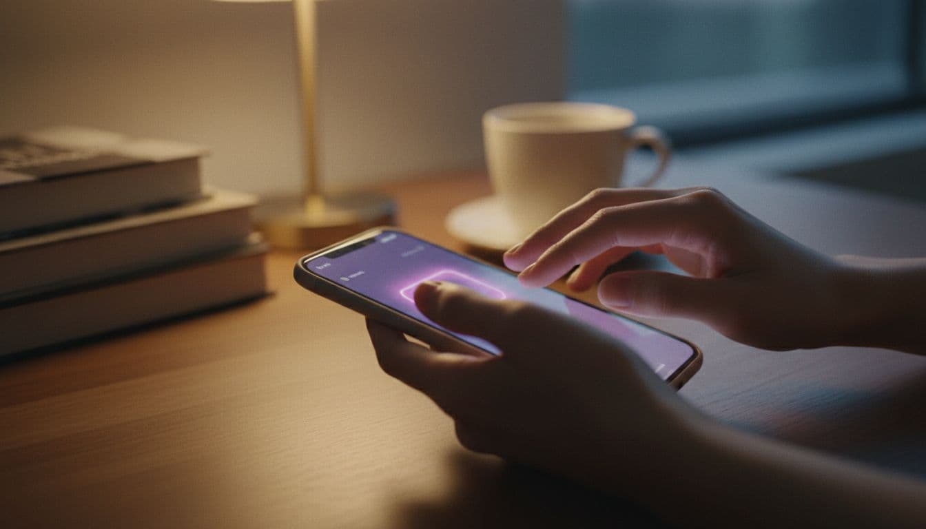 Primer plano de manos escribiendo un prompt para video IA en un teléfono, luz cálida de una lámpara de escritorio de fondo
