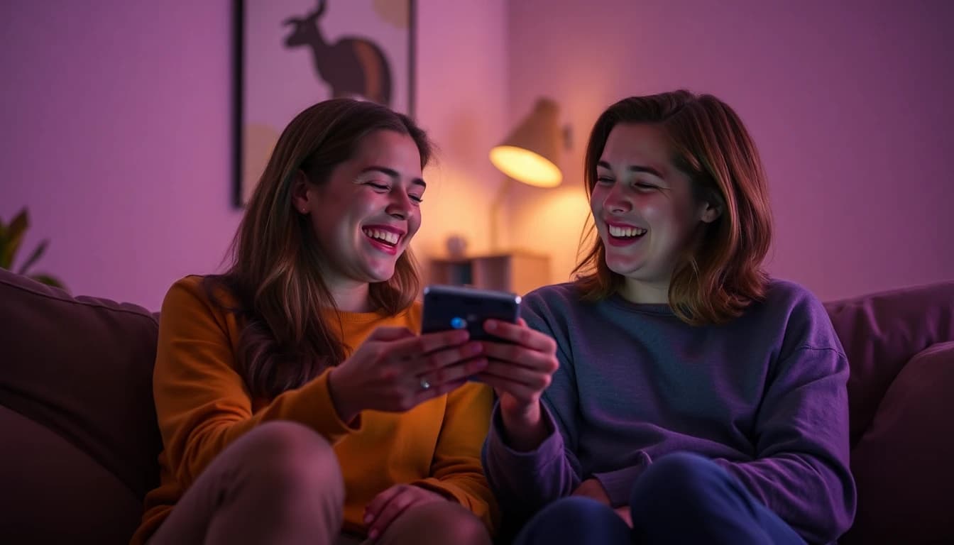 Dos amigos en un sofá viendo un video juntos en un teléfono, riendo, luz cálida de lámpara