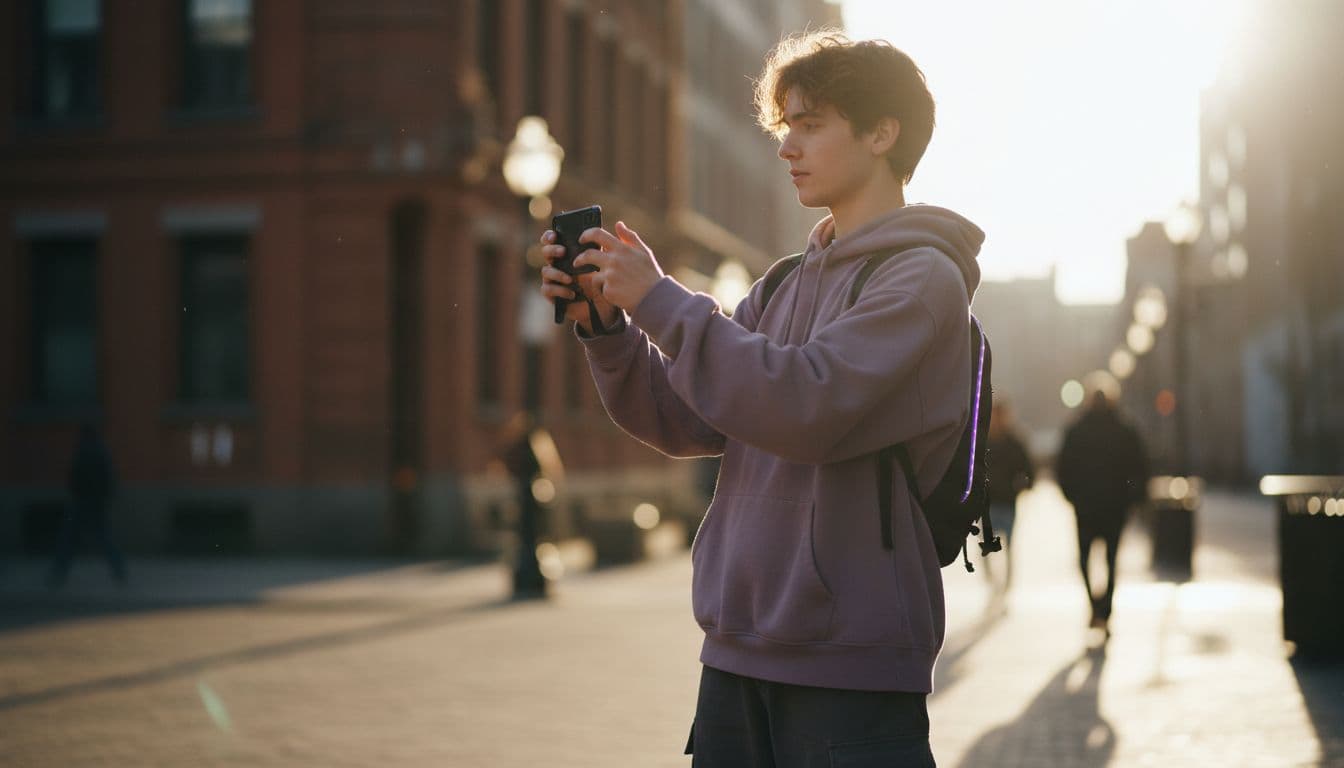 Un creador filma al aire libre en la hora dorada, sosteniendo el teléfono firme con ambas manos como un pequeño estabilizador