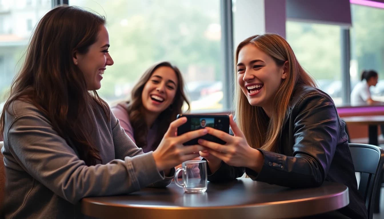 Criadora conferindo um clipe de vídeo IA pronto no celular com uma amiga numa mesa de café
