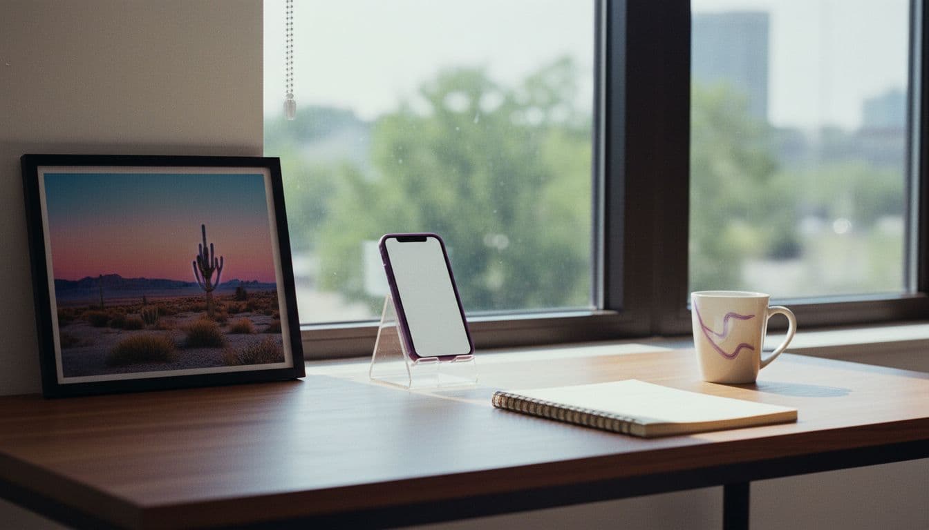 Iniciante segurando um smartphone enquanto segue um tutorial de imagem para vídeo IA na mesa