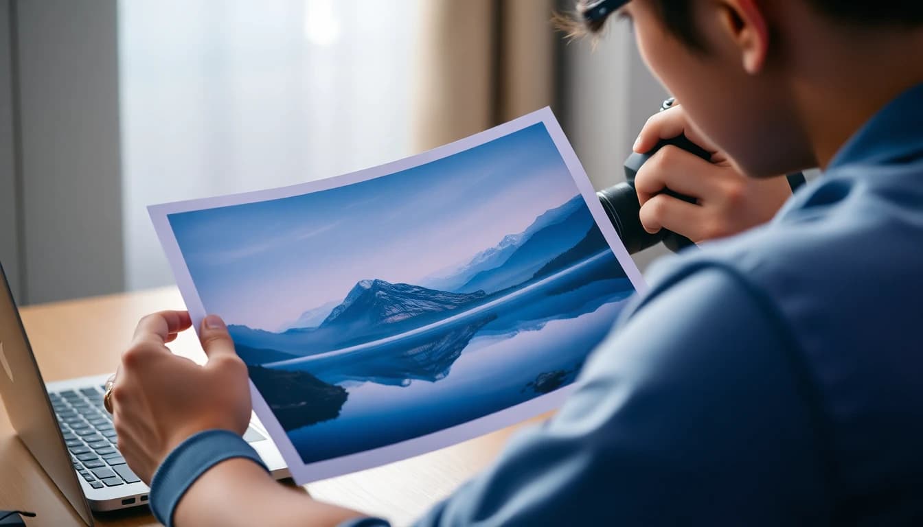 Fotógrafo revisando uma foto de paisagem antes de transformá-la em vídeo com IA