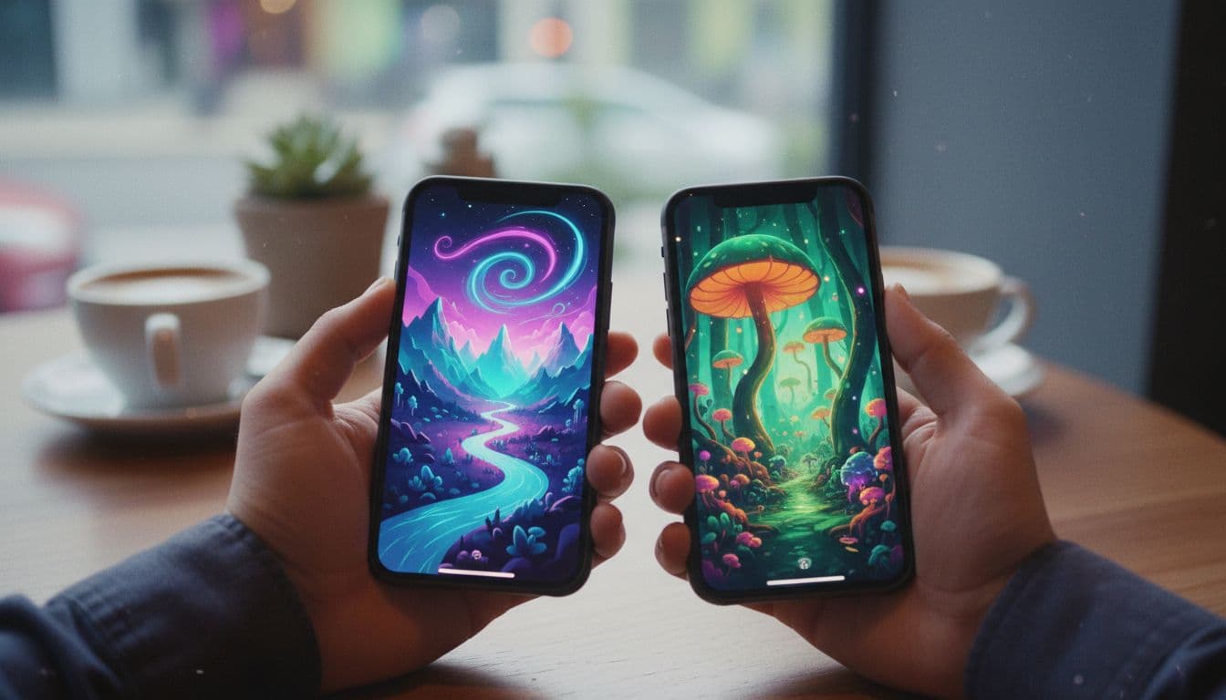 Mãos comparando duas versões da mesma animação de foto por diferentes modelos de IA no celular